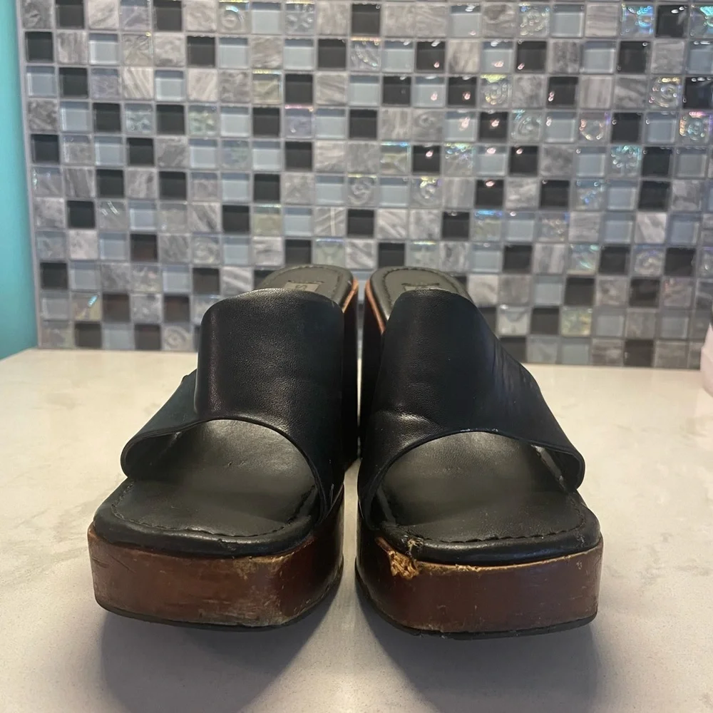 Vintage Steve Madden Jessie Wedge Black Leather & Dark Cherry Wood Size 5